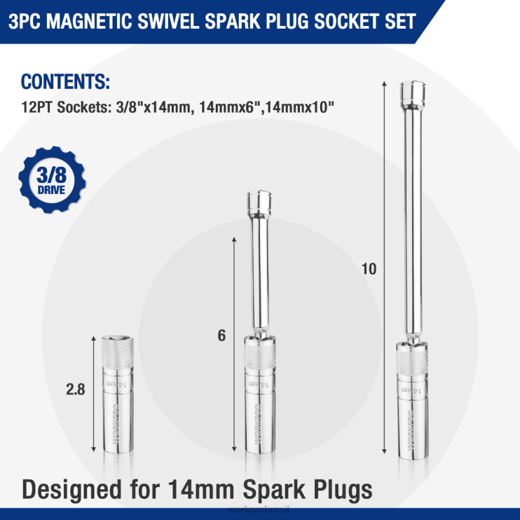 WORKPRO3 peças-tomada de parede fina de 14 mm com extensões de 6 e 10 polegadas conjunto de soquete de vela de ignição giratória magnética XZXLF143 ferramenta