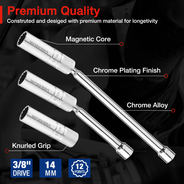 WORKPRO3 peças-tomada de parede fina de 14 mm com extensões de 6 e 10 polegadas conjunto de soquete de vela de ignição giratória magnética XZXLF143 ferramenta