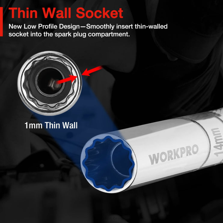 WORKPRO3 peças-tomada de parede fina de 14 mm com extensões de 6 e 10 polegadas conjunto de soquete de vela de ignição giratória magnética XZXLF143 ferramenta