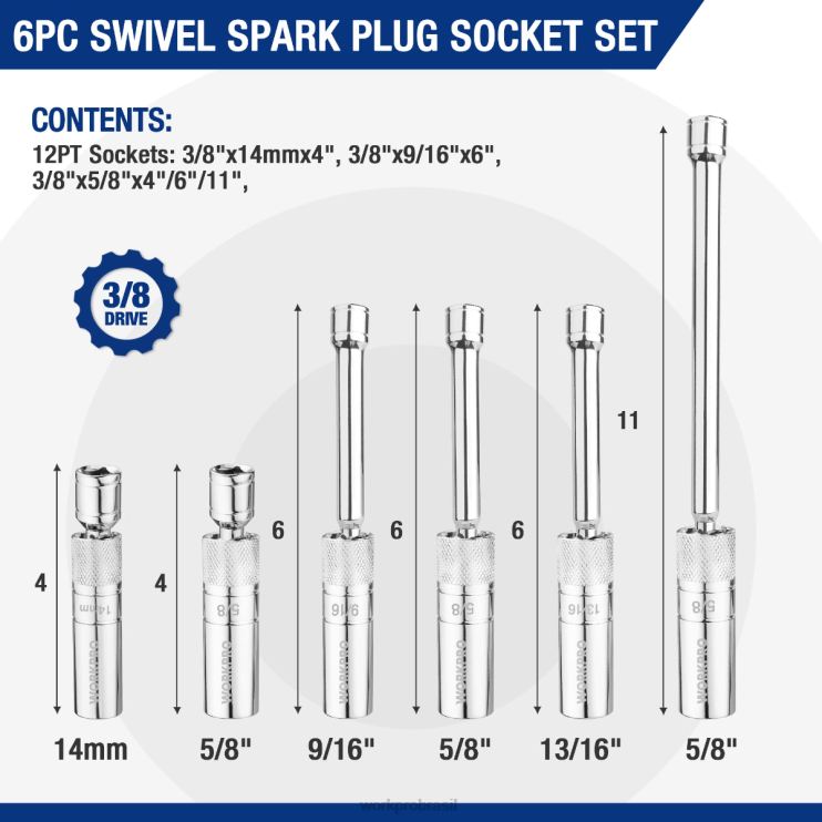 WORKPRO6 peças-tomadas de parede finas de 9/16 polegadas, 5/8 polegadas, 13/16 polegadas, 14 mm com extensões de 4, 6, 11 polegadas conjunto de soquete de vela de ignição giratória magnética XZXLF139 