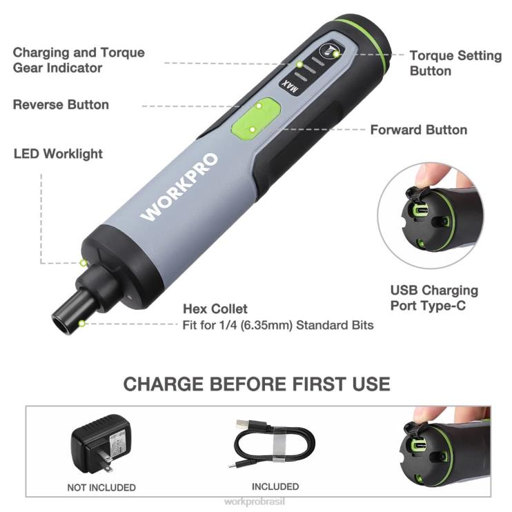WORKPROChave de fenda elétrica 4v, conjunto de chave de fenda sem fio recarregável com luz led XZXLF232 ferramenta