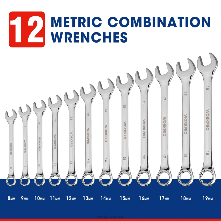 WORKPRO12 peças métricas 8-19mm, conjunto de chave combinada cr-v premium XZXLF95 ferramenta