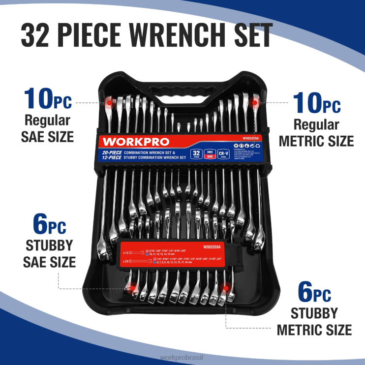 WORKPRO32 peças combinação sae e métrica conjunto de chave regular e atarracada de 12 pt XZXLF92 ferramenta