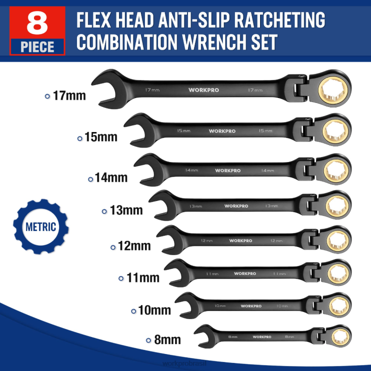 WORKPROConjunto de chave antiderrapante de cabeça flexível com combinação de catraca de 8 peças XZXLF80 ferramenta