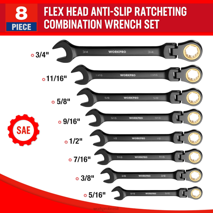WORKPROConjunto de chave antiderrapante de cabeça flexível com combinação de catraca de 8 peças XZXLF80 ferramenta
