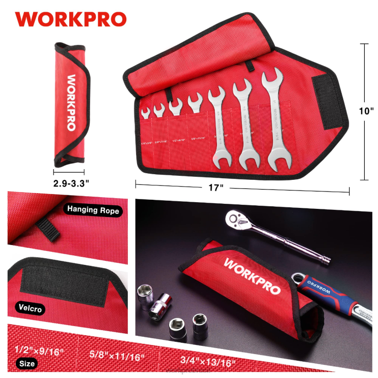 WORKPROConjunto de chaves métricas superfinas de 7 unidades com bolsa organizadora de enrolar XZXLF96 ferramenta