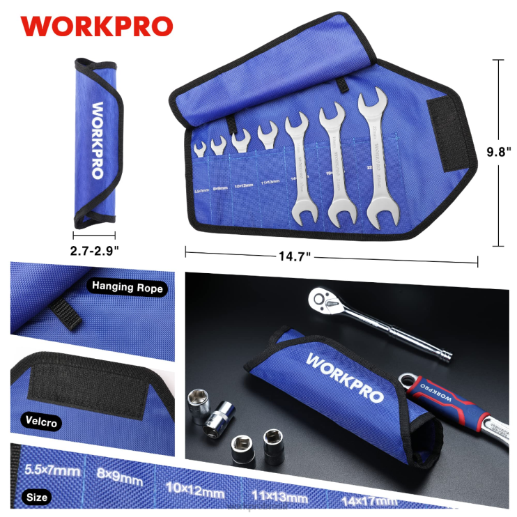 WORKPROConjunto de chaves métricas superfinas de 7 unidades com bolsa organizadora de enrolar XZXLF96 ferramenta