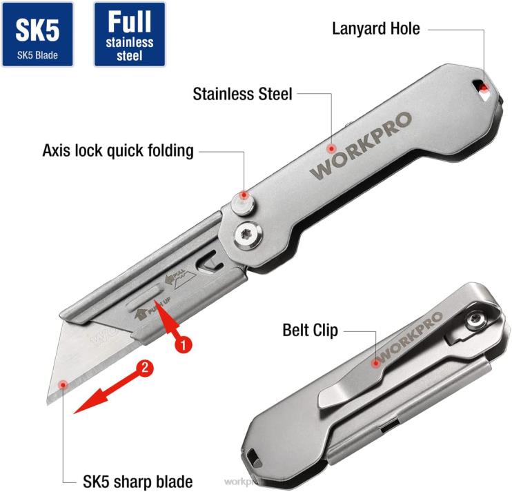 WORKPROFaca utilitária de bolso dobrável de troca rápida mini faca dobrável de aço inoxidável com clipe para cinto XZXLF47 ferramenta
