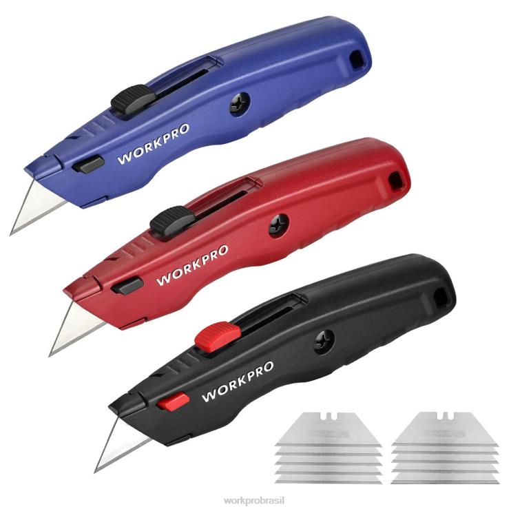 WORKPROFaca utilitária premium, cortador de caixa retrátil todo em metal, faca de barbear com lâmina de troca rápida, com 10 lâminas extras XZXLF51 ferramenta