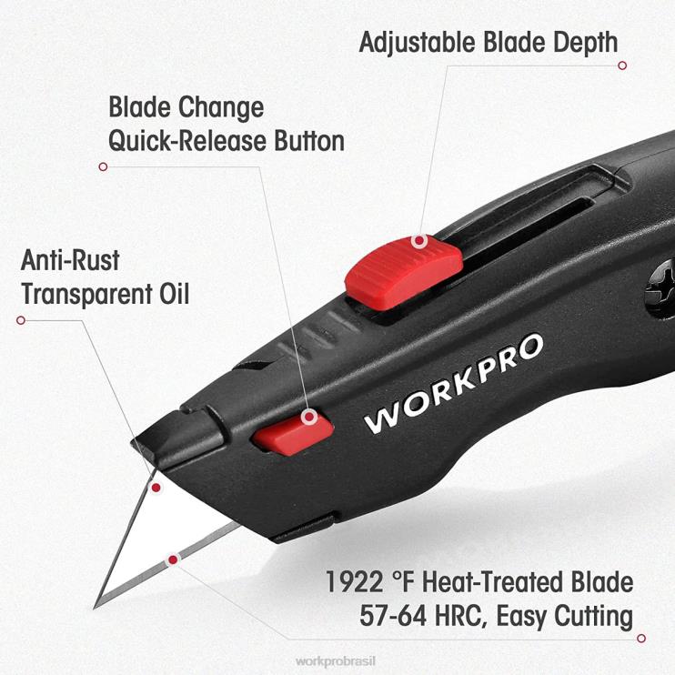 WORKPROFaca utilitária premium, cortador de caixa retrátil todo em metal, faca de barbear com lâmina de troca rápida, com 10 lâminas extras XZXLF51 ferramenta