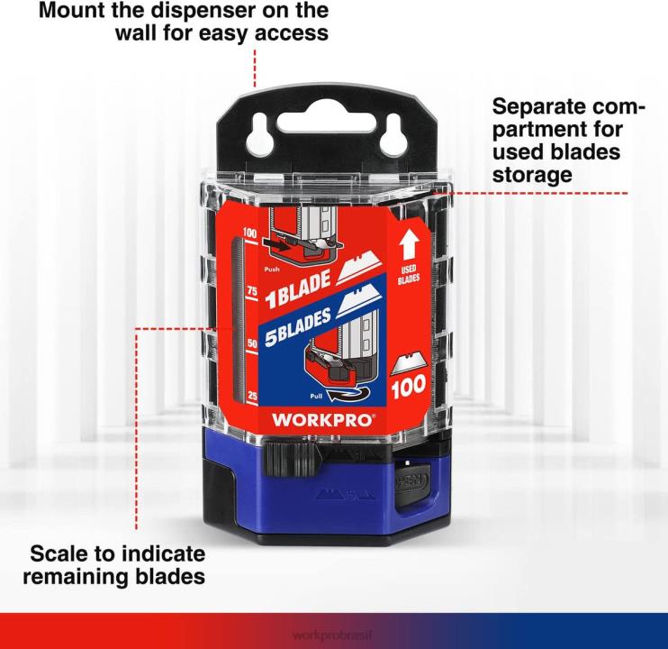 WORKPROSubstituição de lâminas de faca utilitárias de aço carbono sk5 100 peças com dispensador XZXLF49 ferramenta