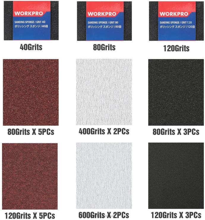 WORKPRO24 pacotes de lixa 80-600 grão sortido com suporte XZXLF150 ferramenta