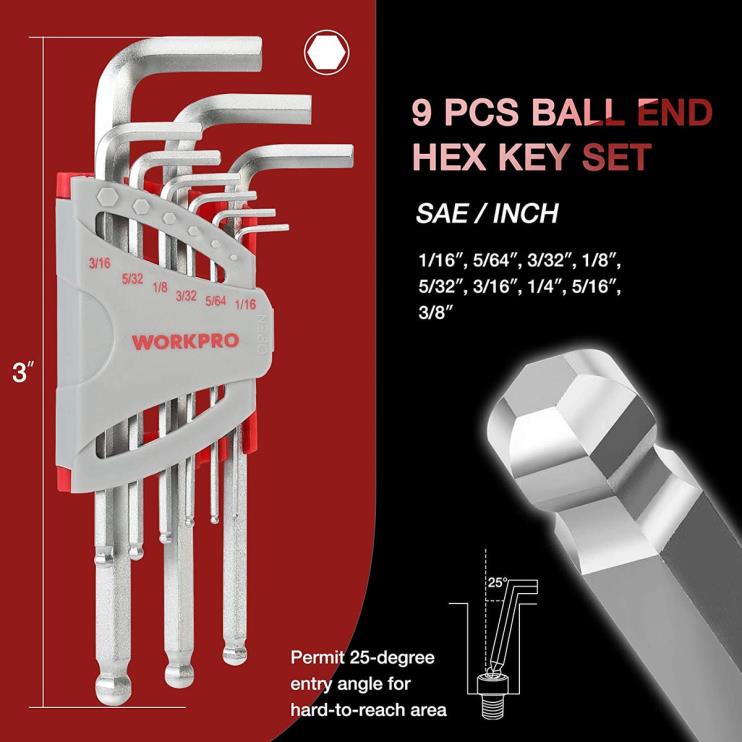 WORKPROConjunto de chave allen de ponta esférica de braço longo com 27 peças para excelente aderência e transferência de torque XZXLF62 ferramenta
