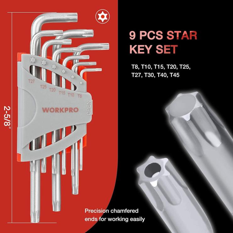 WORKPROConjunto de chave allen de ponta esférica de braço longo com 27 peças para excelente aderência e transferência de torque XZXLF62 ferramenta