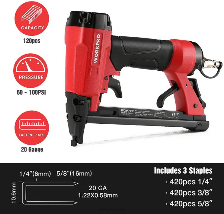 WORKPROPistola de grampo pneumática de calibre 20 para carpintaria, marcenaria e projetos de bricolage XZXLF61 ferramenta