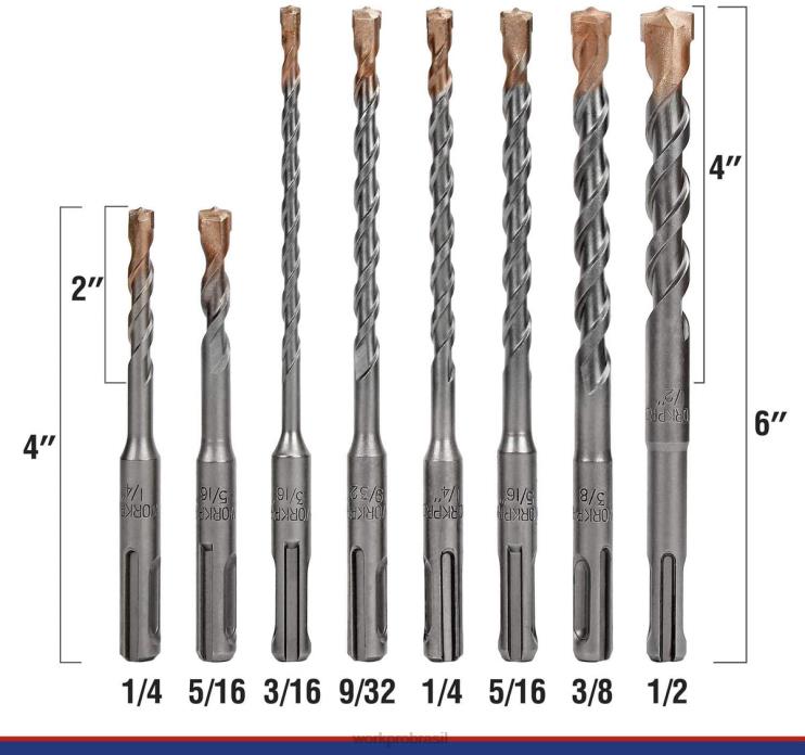 WORKPROConjunto de brocas sds-plus de 8 peças, ponta de carboneto, conjunto de brocas de martelo rotativo sds + com estojo de armazenamento para tijolo, cimento, pedra e concreto XZXLF205 ferramenta