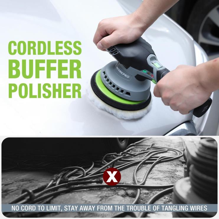 WORKPROPolidor de buffer de carro sem fio de dupla ação de 6 polegadas com 2 unidades de bateria recarregável de 12v XZXLF238 ferramenta