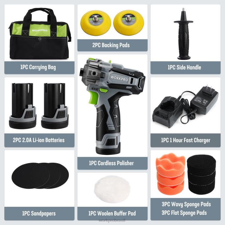 WORKPROPolidora sem fio de 12v, mini amortecedor de detalhes de carro e kit de lixadeira com 2 baterias de íon-lítio XZXLF229 ferramenta