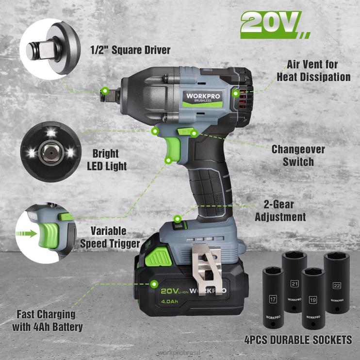 WORKPROChave de impacto sem fio de 20 V, com bateria de 4,0 Ah, carregador rápido, 4 tomadas de impacto e estojo de armazenamento XZXLF188 ferramenta