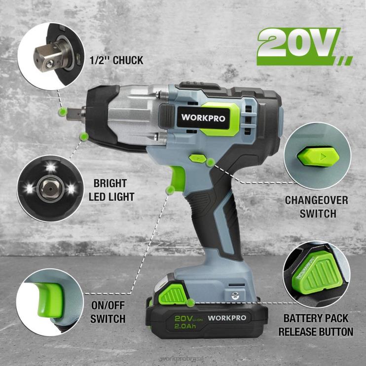 WORKPROChave de impacto sem fio de 20 V com clipe para cinto com carregador rápido para fácil transporte XZXLF187 ferramenta