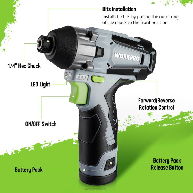WORKPROKit de driver de impacto sem fio de 12v, conjunto de furadeira/driver de impacto elétrico hexagonal com bateria de íon de lítio de 2,0 ah XZXLF190 ferramenta