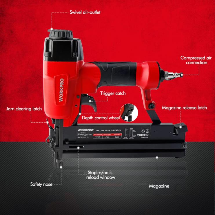 WORKPROPregador pneumático 2 em 1 com pregos de 400 unidades / grampos de 300 unidades XZXLF181 ferramenta