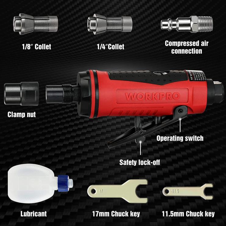 WORKPROesmerilhadeira pneumática, esmerilhadeira pneumática reta de 1/4 de polegada, 25.000 rpm, esmerilhadeira pneumática XZXLF183 ferramenta