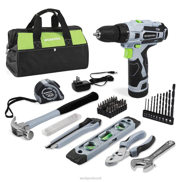 WORKPRO61 unidades de furadeira sem fio de 12 V e kit de ferramentas domésticas, bolsa de armazenamento de 14 polegadas incluída XZXLF174 ferramenta