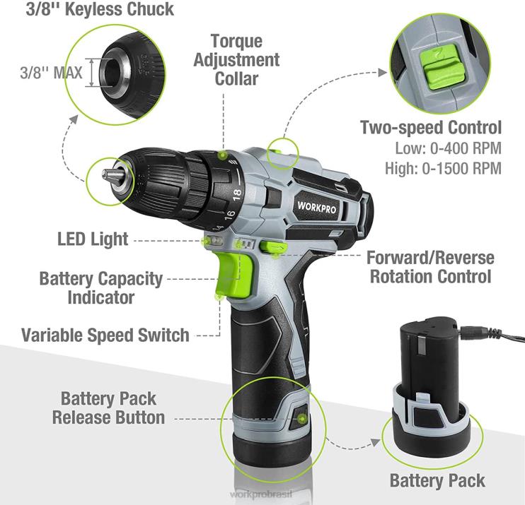 WORKPRO61 unidades de furadeira sem fio de 12 V e kit de ferramentas domésticas, bolsa de armazenamento de 14 polegadas incluída XZXLF174 ferramenta