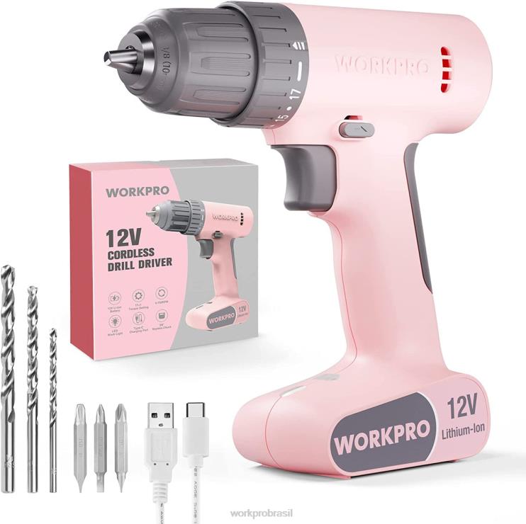 WORKPROConjunto de furadeira sem fio de 12 V com 6 bits, mandril sem chave de 3/8 pol., velocidade variável, configuração de 18 toques XZXLF175 ferramenta
