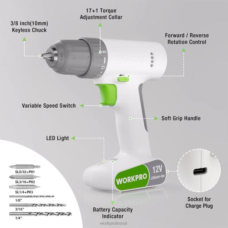 WORKPROConjunto de furadeira sem fio de 12 V com 6 bits, mandril sem chave de 3/8 pol., velocidade variável, configuração de 18 toques XZXLF175 ferramenta