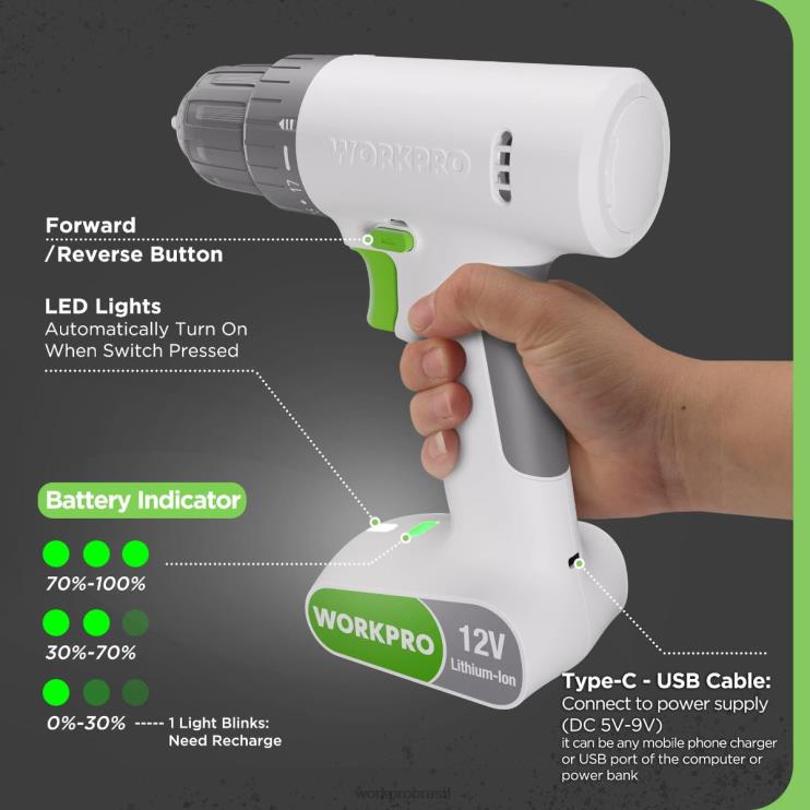 WORKPROConjunto de furadeira sem fio de 12 V com 6 bits, mandril sem chave de 3/8 pol., velocidade variável, configuração de 18 toques XZXLF175 ferramenta