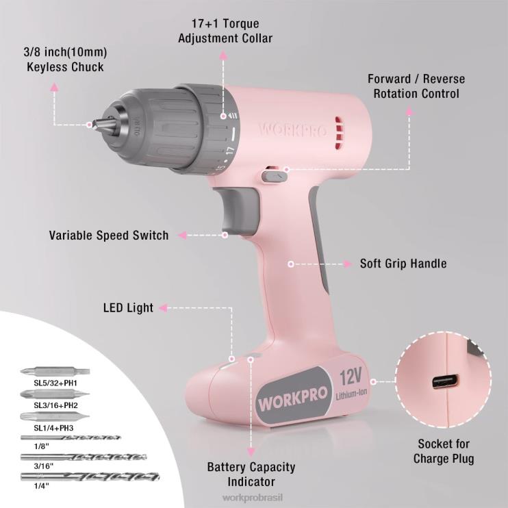 WORKPROConjunto de furadeira sem fio de 12 V com 6 bits, mandril sem chave de 3/8 pol., velocidade variável, configuração de 18 toques XZXLF175 ferramenta