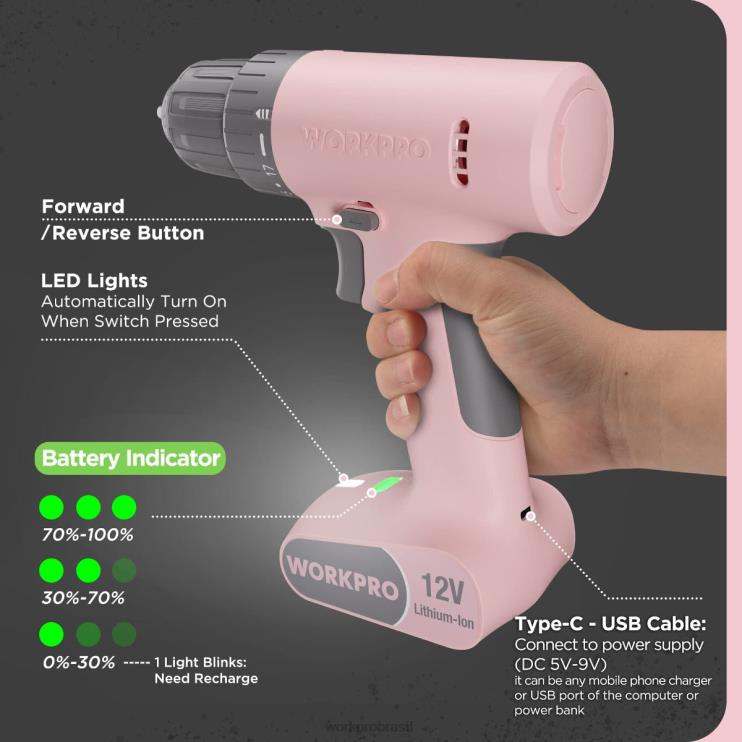 WORKPROConjunto de furadeira sem fio de 12 V com 6 bits, mandril sem chave de 3/8 pol., velocidade variável, configuração de 18 toques XZXLF175 ferramenta
