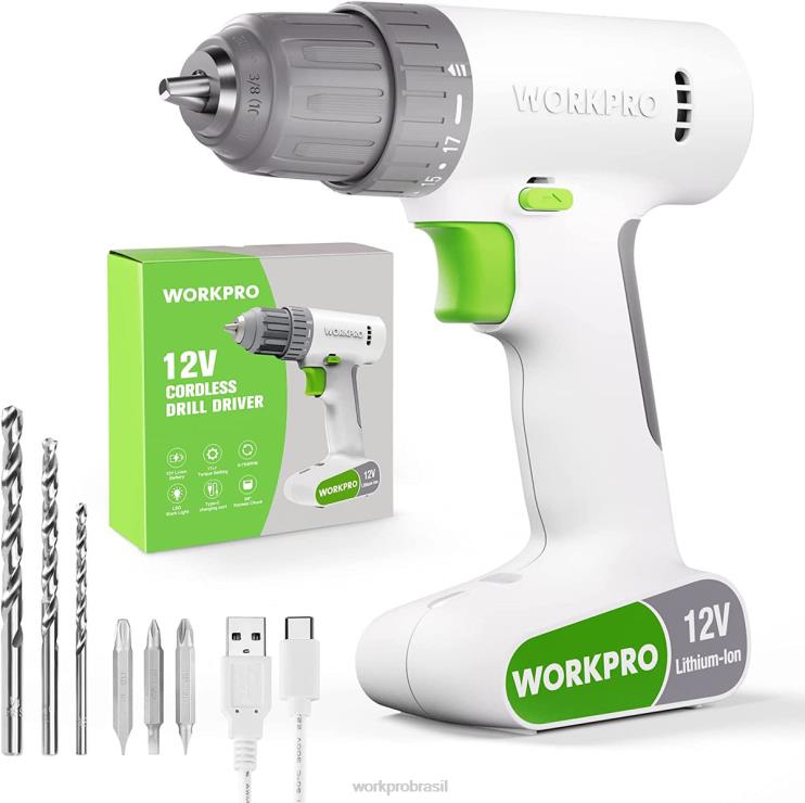 WORKPROConjunto de furadeira sem fio de 12 V com 6 bits, mandril sem chave de 3/8 pol., velocidade variável, configuração de 18 toques XZXLF175 ferramenta