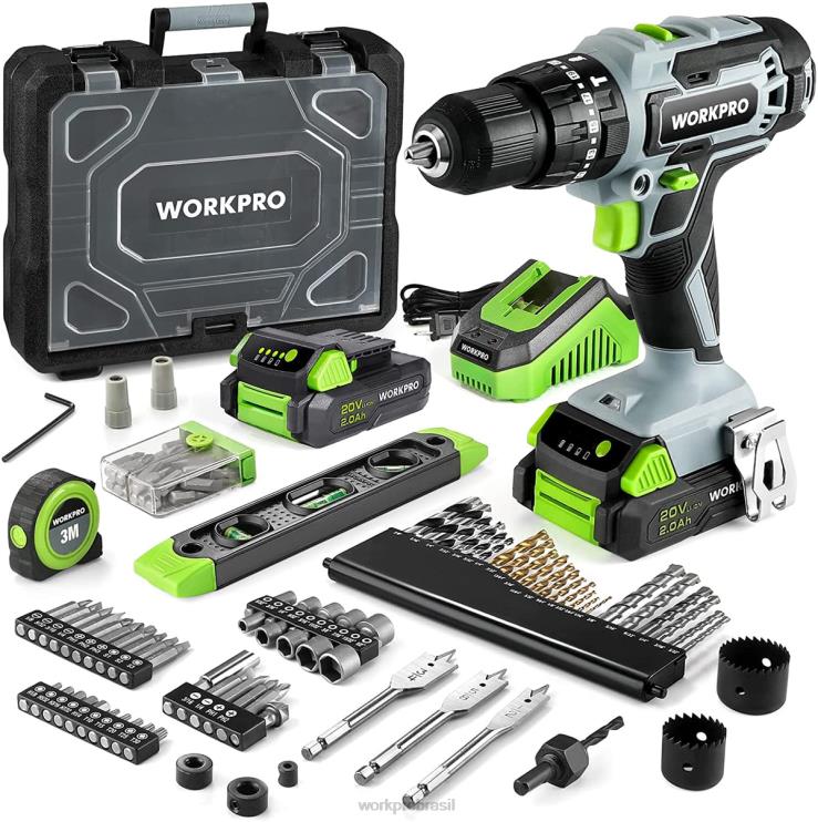 WORKPROConjunto de furadeira sem fio máximo de 20 V, ferramenta de furadeira de impacto de energia elétrica com acessórios de 102 peças, 2 baterias de íon-lítio de 2,0 Ah com carregador rápido XZXLF17
