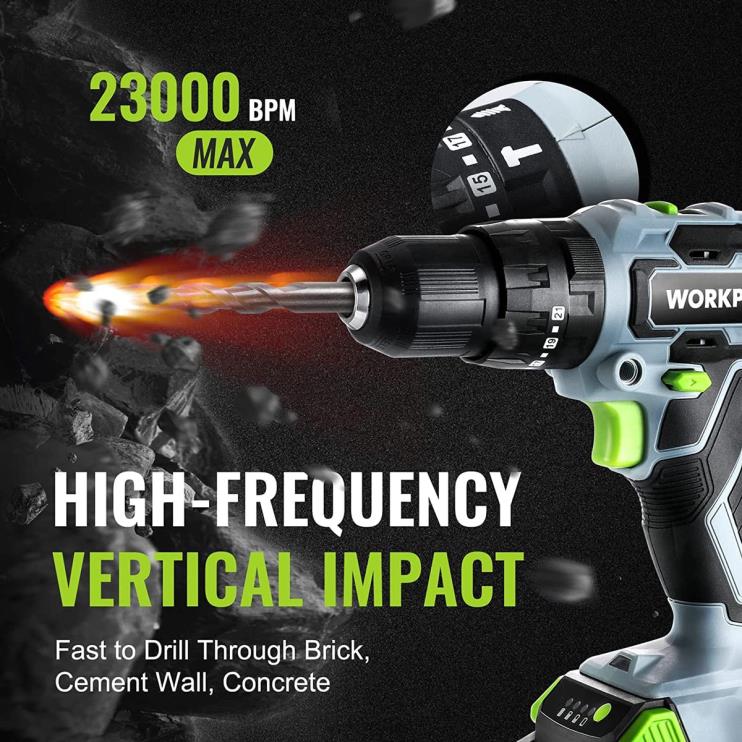 WORKPROConjunto de furadeira sem fio máximo de 20 V, ferramenta de furadeira de impacto de energia elétrica com acessórios de 102 peças, 2 baterias de íon-lítio de 2,0 Ah com carregador rápido XZXLF17