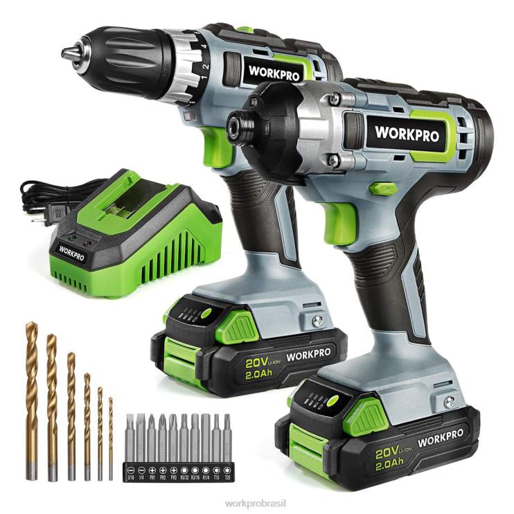 WORKPROKit combinado de furadeira sem fio de 20 V, furadeira e chave de impacto com 2 baterias de 2,0 Ah e carregador rápido de 1 hora XZXLF169 ferramenta