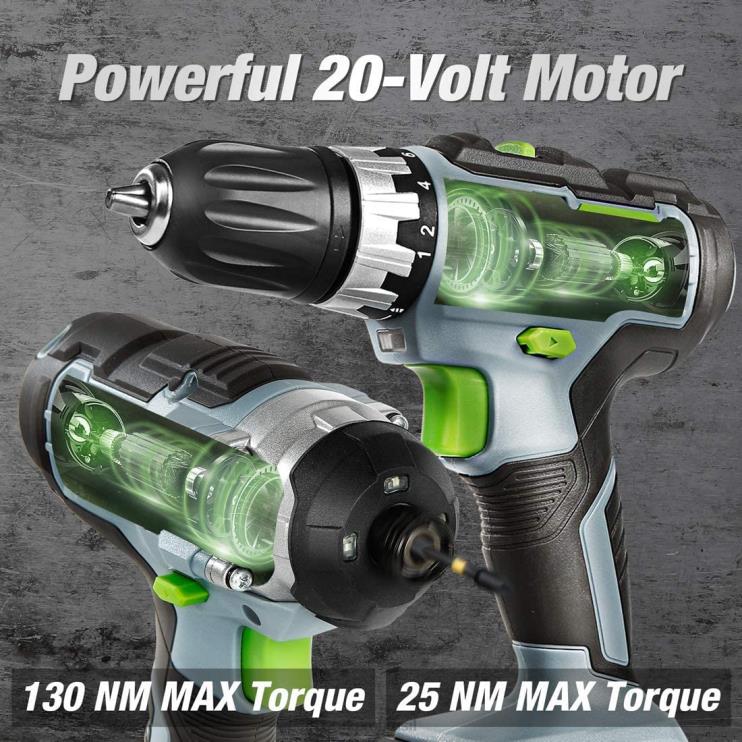 WORKPROKit combinado de furadeira sem fio de 20 V, furadeira e chave de impacto com 2 baterias de 2,0 Ah e carregador rápido de 1 hora XZXLF169 ferramenta