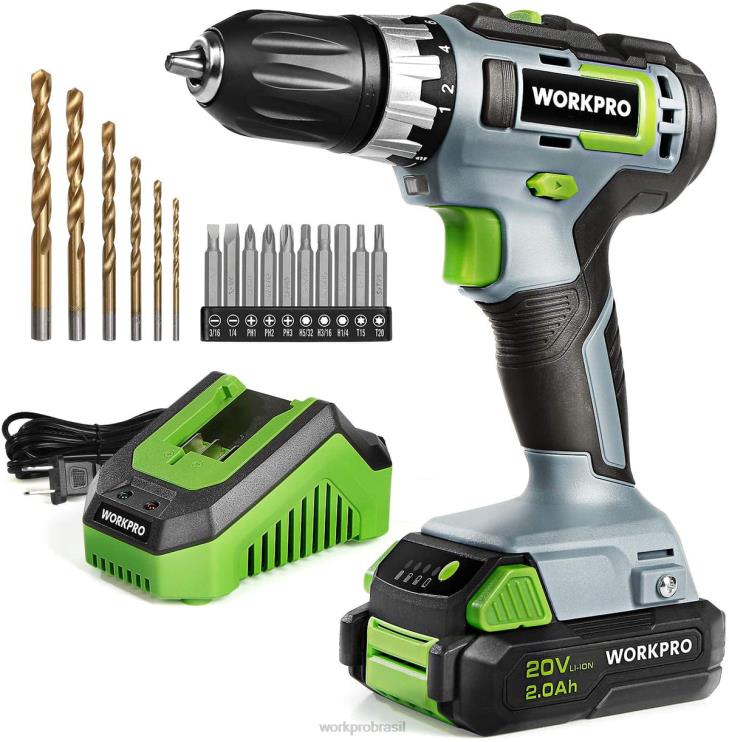 WORKPROKit de furadeira/aparafusadora sem fio de velocidade variável de 20 V, bateria de íon-lítio de 2,0 ah com ajuste de torque de 18+2 e carregador rápido de 1 hora XZXLF172 ferramenta