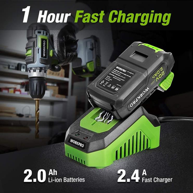 WORKPROKit de furadeira/aparafusadora sem fio de velocidade variável de 20 V, bateria de íon-lítio de 2,0 ah com ajuste de torque de 18+2 e carregador rápido de 1 hora XZXLF172 ferramenta