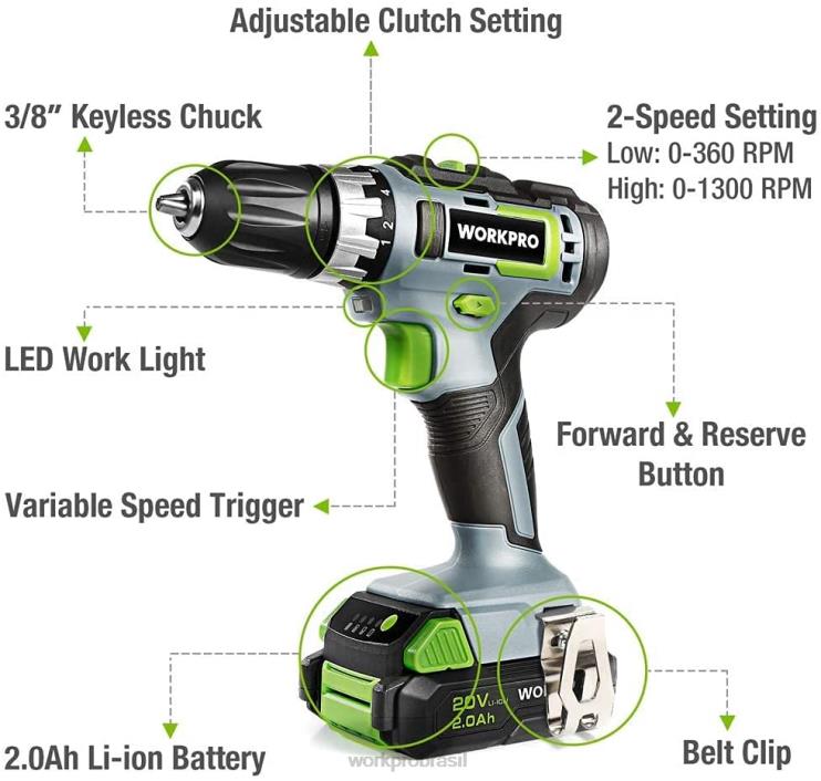 WORKPROKit de furadeira/aparafusadora sem fio de velocidade variável de 20 V, bateria de íon-lítio de 2,0 ah com ajuste de torque de 18+2 e carregador rápido de 1 hora XZXLF172 ferramenta