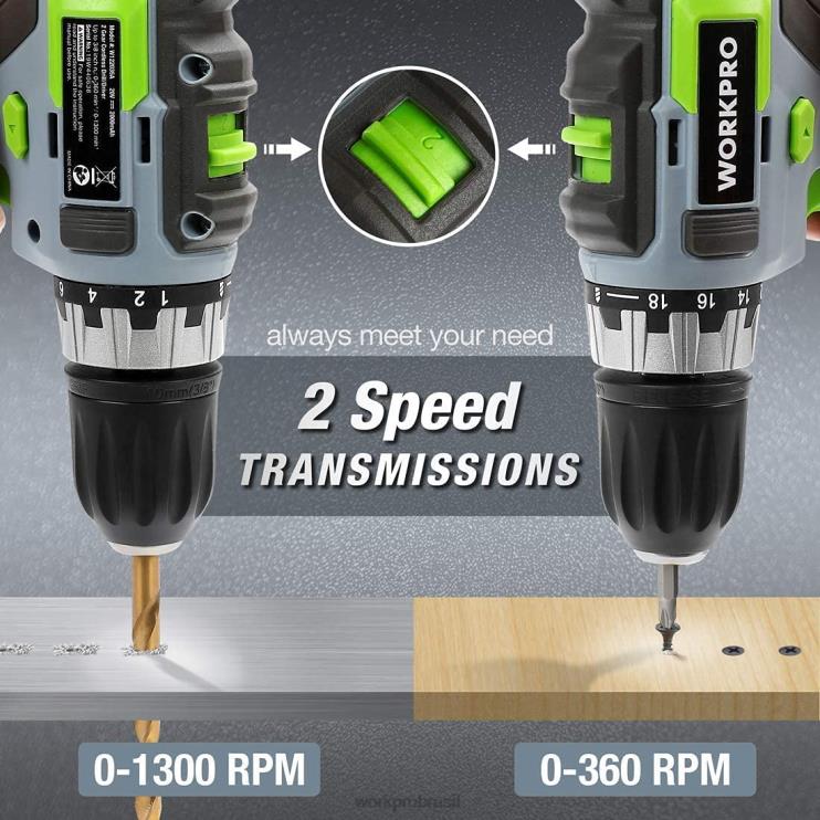 WORKPROKit de furadeira/aparafusadora sem fio de velocidade variável de 20 V, bateria de íon-lítio de 2,0 ah com ajuste de torque de 18+2 e carregador rápido de 1 hora XZXLF172 ferramenta