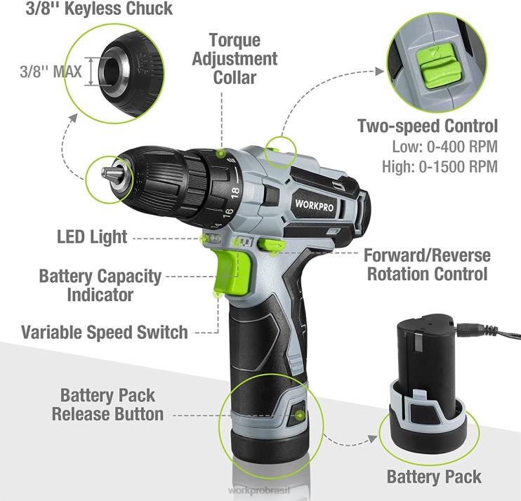 WORKPROKit de furadeira elétrica sem fio 12v, mandril sem chave, carregador e bolsa de armazenamento incluídos XZXLF177 ferramenta