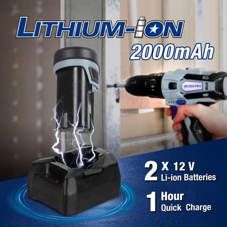 WORKPROKit de furadeira sem fio 12v, 2 velocidades, 2 baterias de íon-lítio 2.000 mAh e carregador rápido XZXLF168 ferramenta