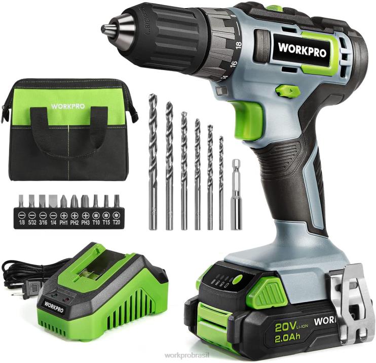 WORKPROKit de furadeira sem fio de 20 V, bateria de íon de lítio de 2,0 Ah, carregador rápido de 1 hora e bolsa de armazenamento de 11 polegadas incluídas XZXLF176 ferramenta