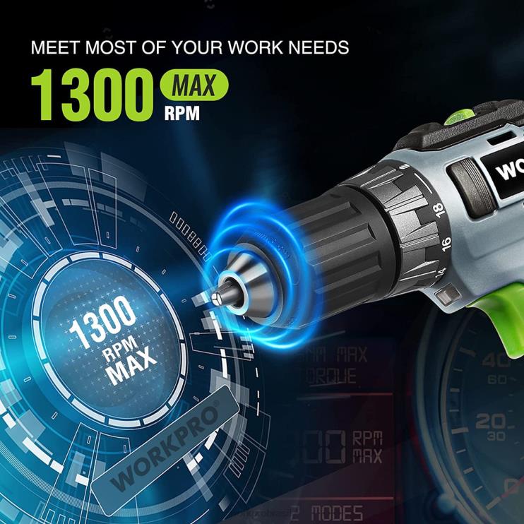 WORKPROKit de furadeira sem fio de 20 V, bateria de íon de lítio de 2,0 Ah, carregador rápido de 1 hora e bolsa de armazenamento de 11 polegadas incluídas XZXLF176 ferramenta