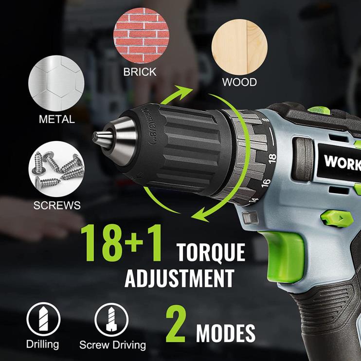 WORKPROKit de furadeira sem fio de 20 V, bateria de íon de lítio de 2,0 Ah, carregador rápido de 1 hora e bolsa de armazenamento de 11 polegadas incluídas XZXLF176 ferramenta