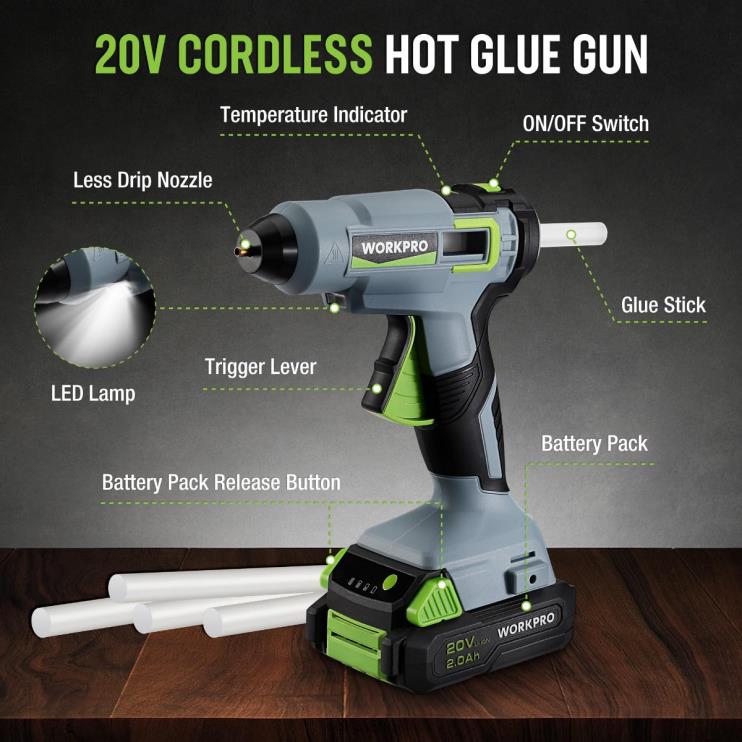 WORKPROkit de pistola de cola quente sem fio com 12 bastões de cola, bateria de íon-lítio 20v 2.0 ah XZXLF165 ferramenta