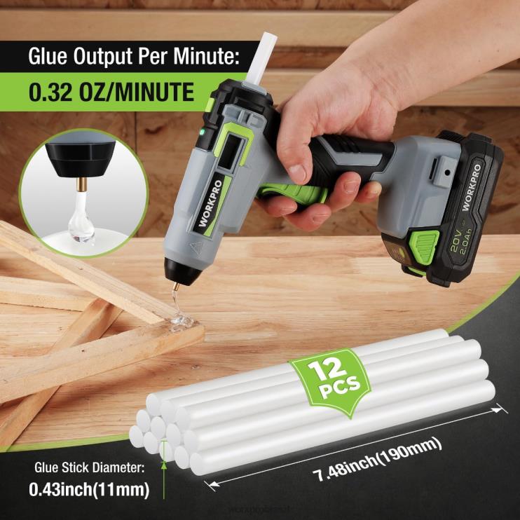 WORKPROkit de pistola de cola quente sem fio com 12 bastões de cola, bateria de íon-lítio 20v 2.0 ah XZXLF165 ferramenta